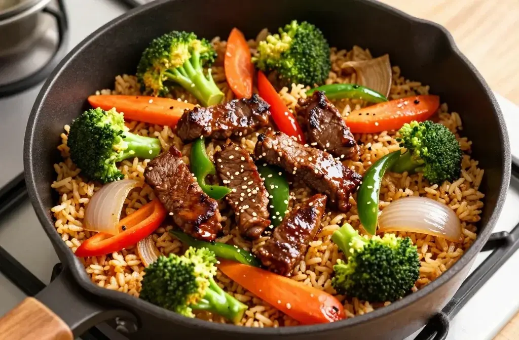 Beef Stir Fry, Mixed Vegetables, and Fried Rice Dinner: One-Pan Flavor Burst
