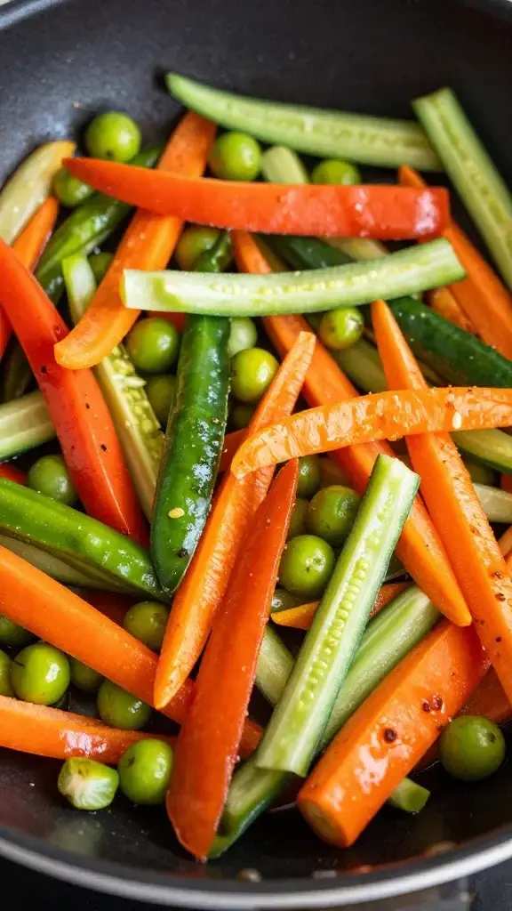 closeup of vibrant mixed vegetables in hot skillet