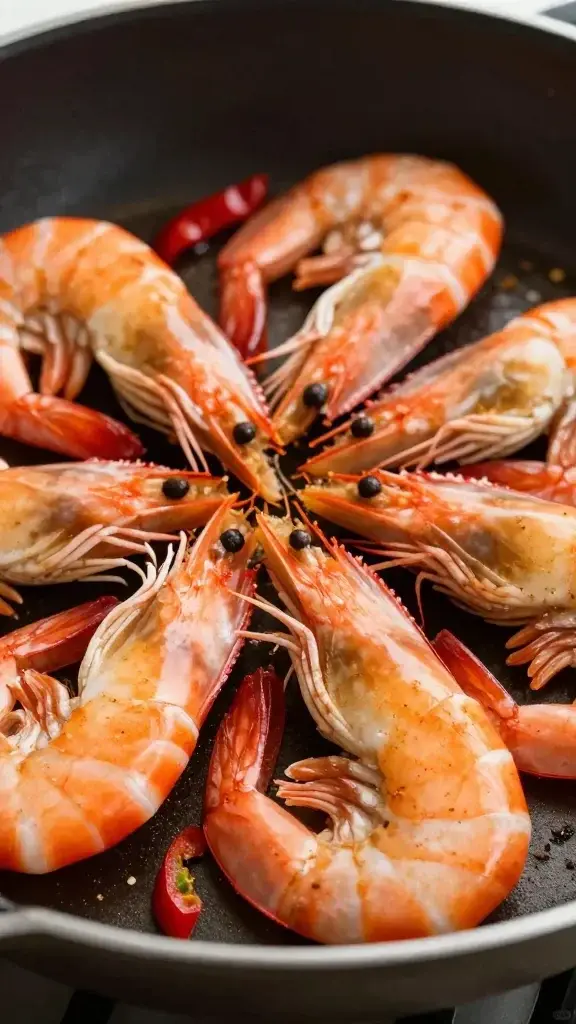 Closeup shrimp on skillet with peppers, Cajun seasoning detail