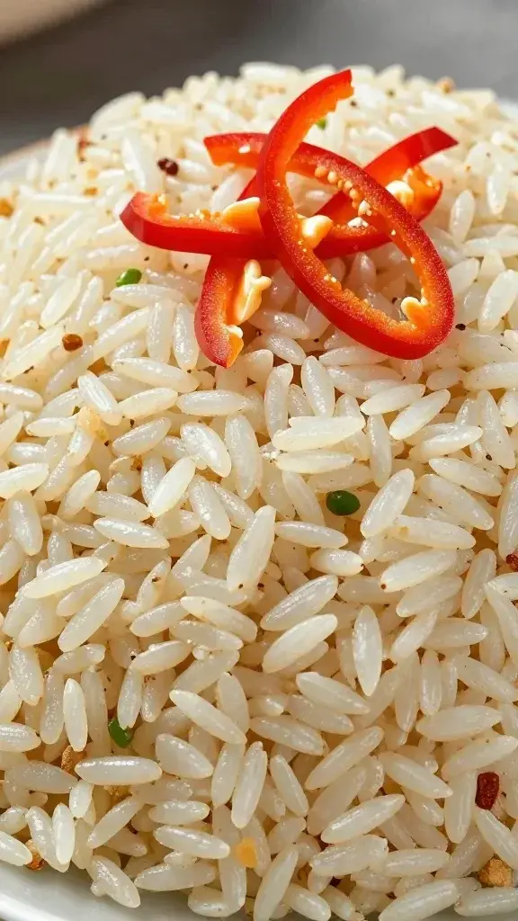 Closeup of dirty rice mound with crisp peppers garnish