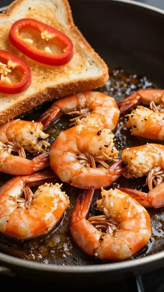 Closeup sizzling Cajun shrimp in skillet, pepper slices flashback toast