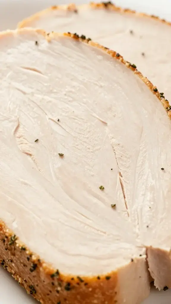 closeup of juicy turkey meatloaf slice with herb flecks