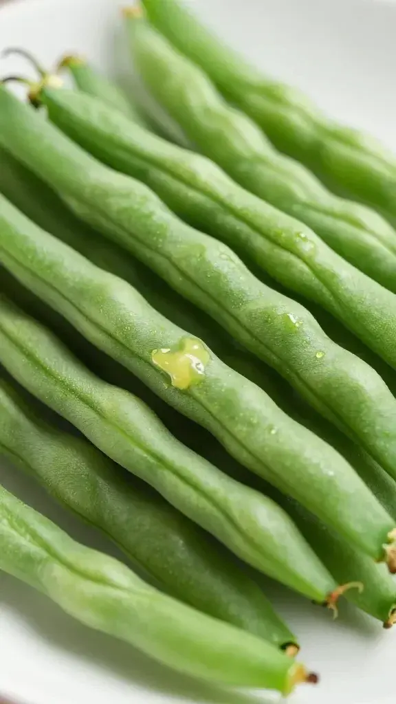 closeup of crisp green beans on plate with glint of butter