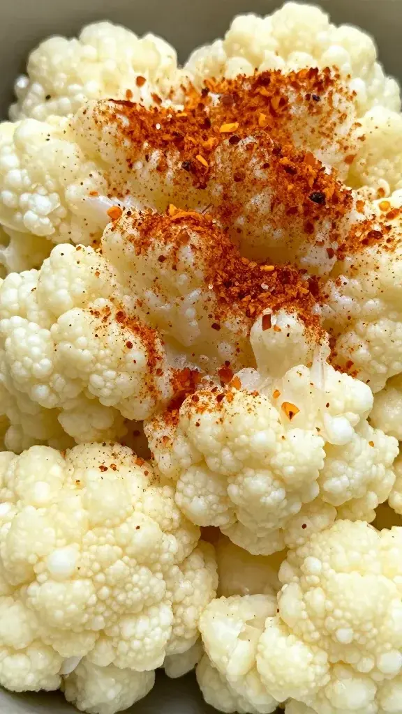 closeup of garlic mashed cauliflower mound with light paprika dusting