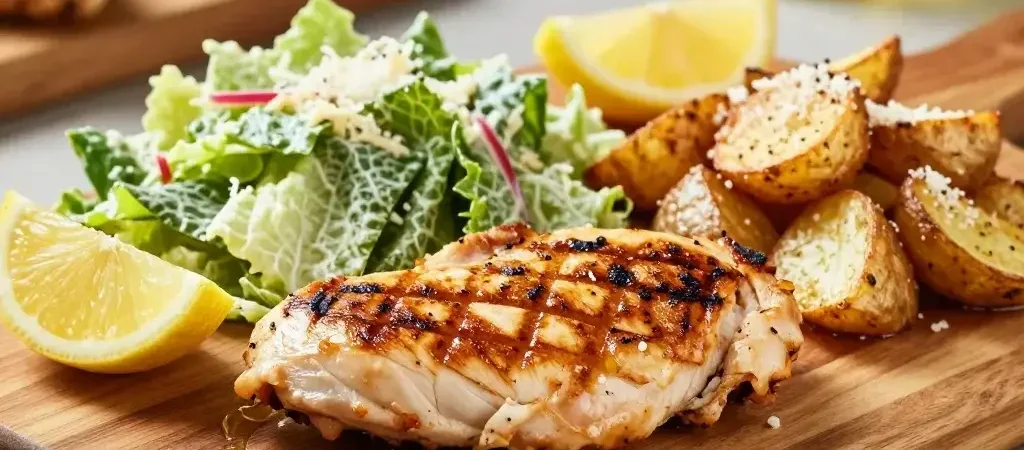 Grilled Chicken Breast, Caesar Salad, and Parmesan Roasted Potatoes Dinner: a Quick, Crave-Worthy Trio