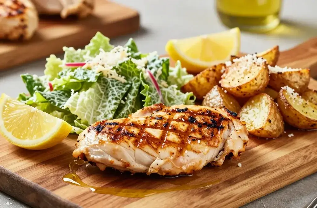 Grilled Chicken Breast, Caesar Salad, and Parmesan Roasted Potatoes Dinner: a Quick, Crave-Worthy Trio