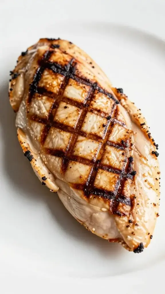 Closeup grilled chicken breast with char marks on white plate