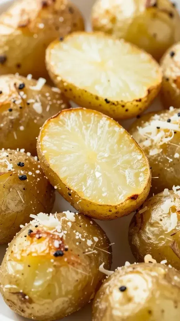 Closeup parmesan roasted potato with crisp edges, shallow depth