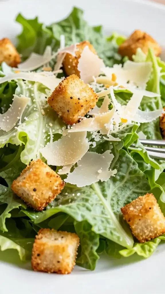 Closeup Caesar salad croutons and Parmesan shavings on fork-torked plate
