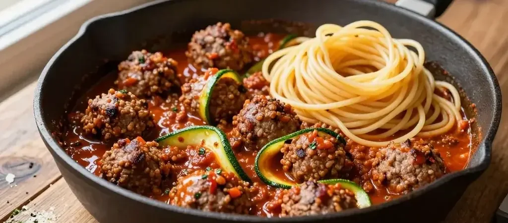 Ground Beef Meatballs, Marinara Sauce, Zucchini, and Spaghetti Dinner: Cozy Weeknight Win