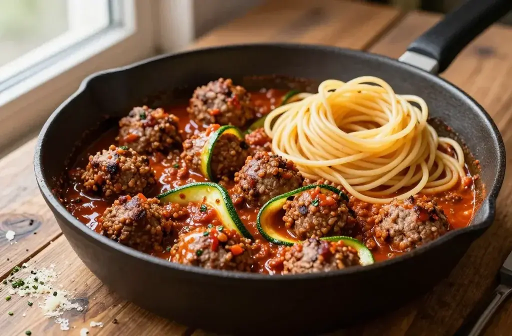 Ground Beef Meatballs, Marinara Sauce, Zucchini, and Spaghetti Dinner: Cozy Weeknight Win