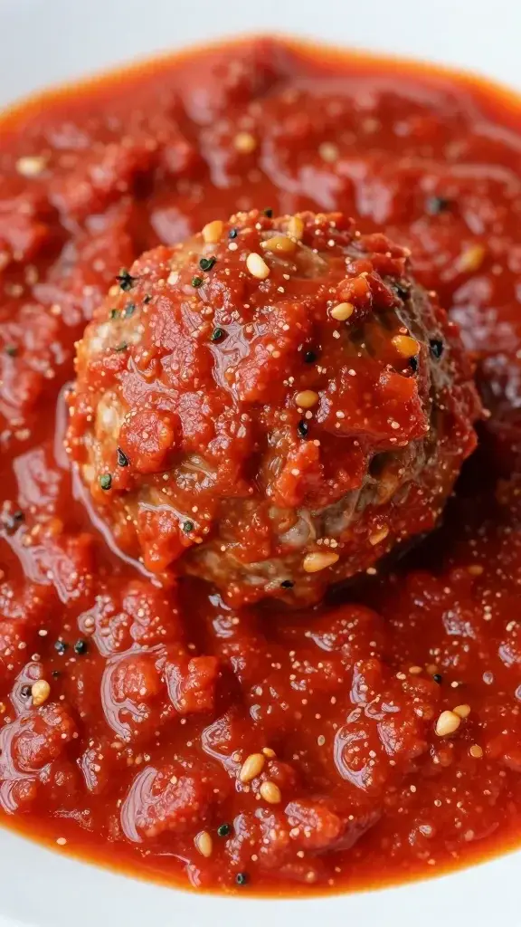 closeup of velvet-soft meatball resting on marinara swirl