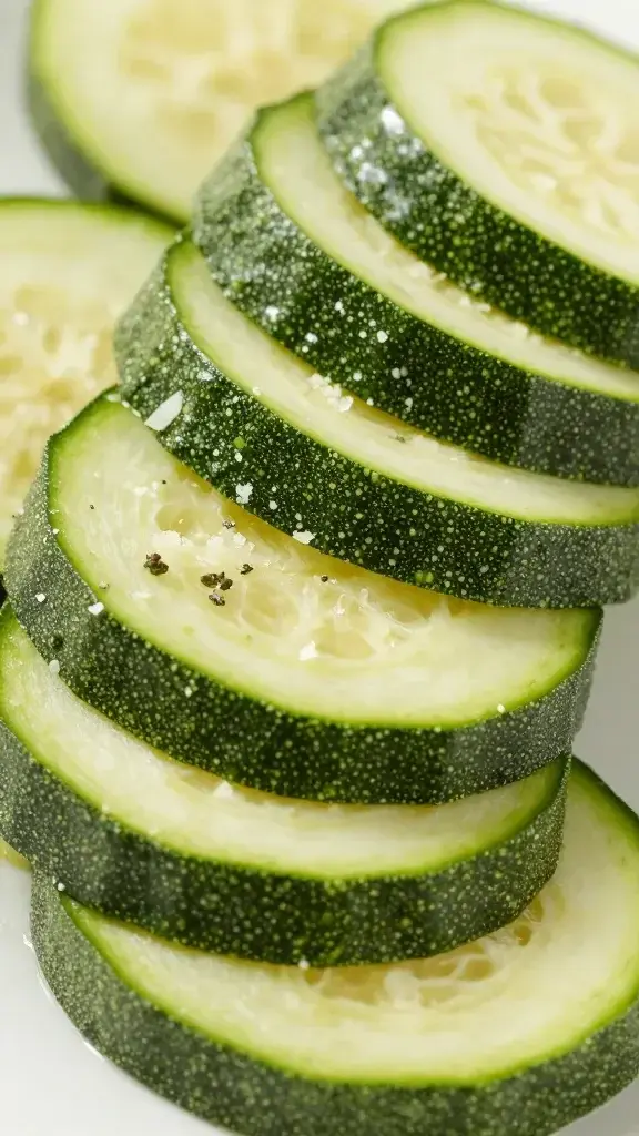 closeup of zucchini ribbon slices with specks of parmesan