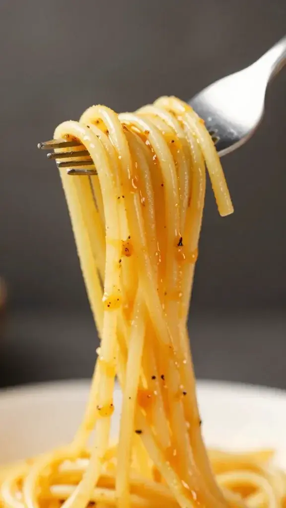 closeup of single spaghetti strand twirled around fork with sauce