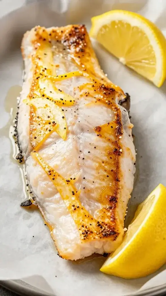 closeup of baked cod fillet with lemon wedge on parchment