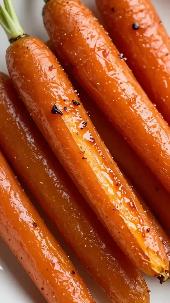 closeup of roasted carrot sticks caramelized to jammy glow