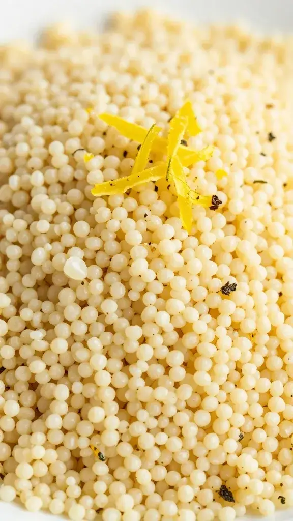 closeup of herbed couscous mound with lemon zest accent