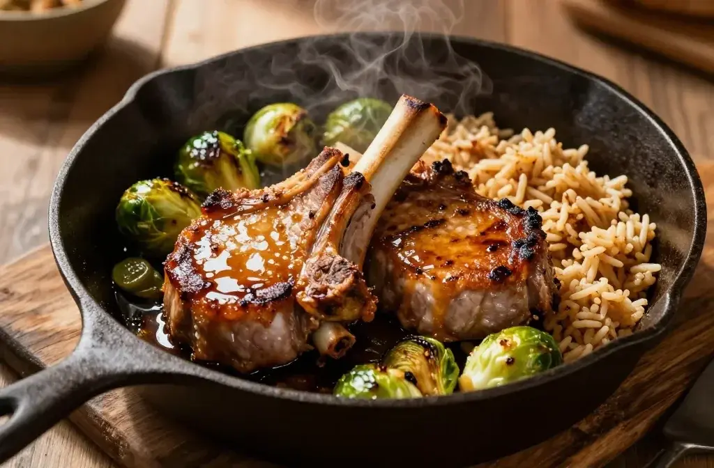 Pan Seared Pork Chops, Roasted Brussels Sprouts, and Apple Cinnamon Rice Dinner: Weeknight Comfort Magic