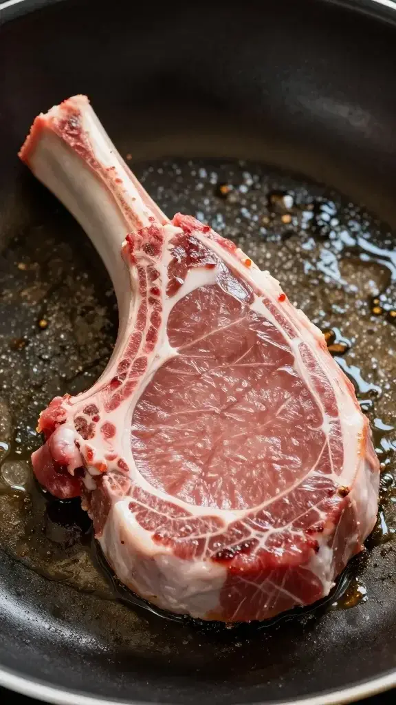 Closeup of a bone-in pork chop searing in a skillet