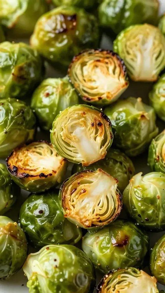 Closeup of roasted Brussels sprouts with caramelized edges
