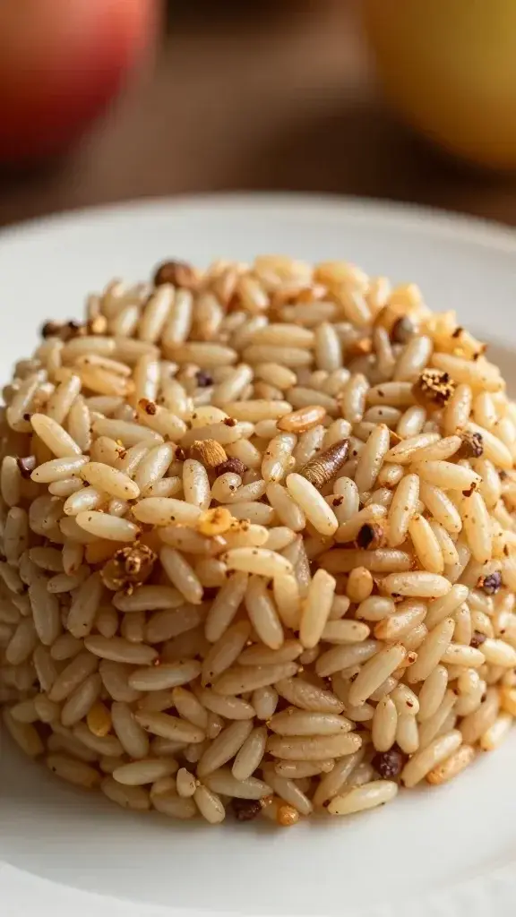 Closeup of apple-c cinnamon rice mound on plate with warm lighting