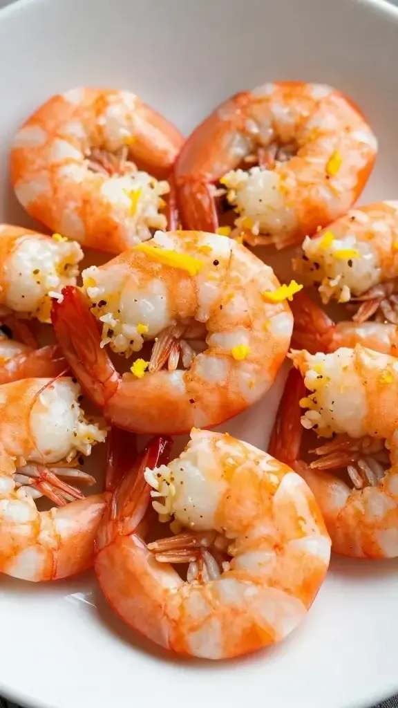 Closeup shrimp scampi in white bowl, lemon zest micro-detail