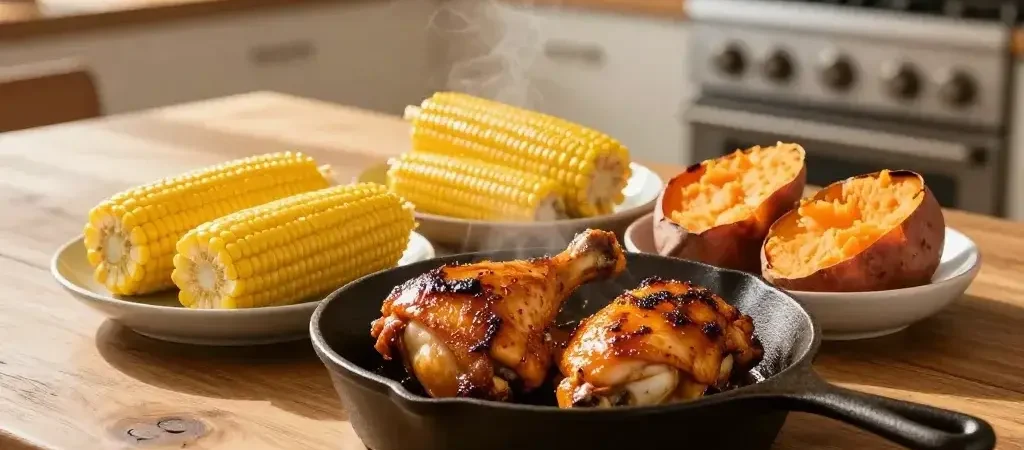 Bbq Chicken Thighs, Corn on the Cob, and Baked Sweet Potatoes Dinner: Easy Weeknight Win