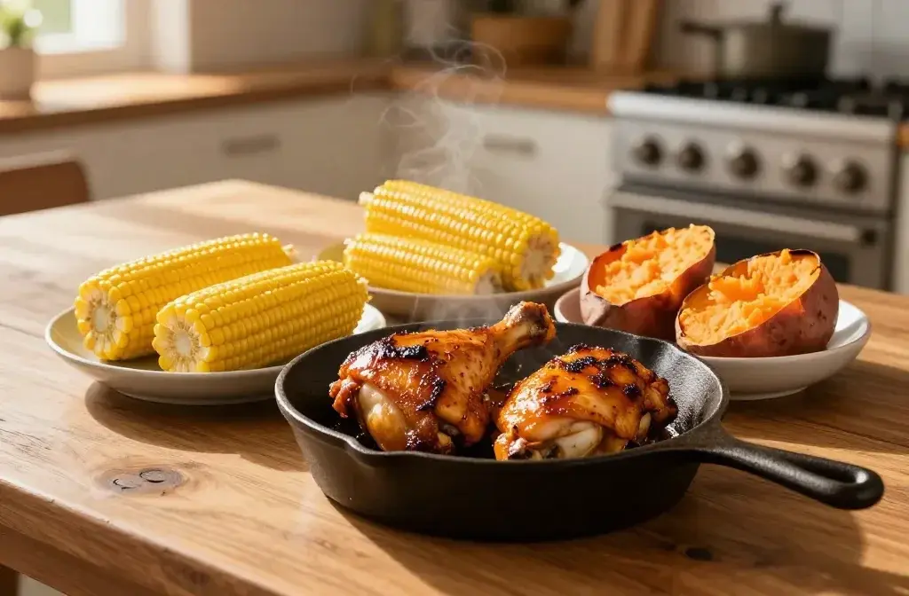 Bbq Chicken Thighs, Corn on the Cob, and Baked Sweet Potatoes Dinner: Easy Weeknight Win