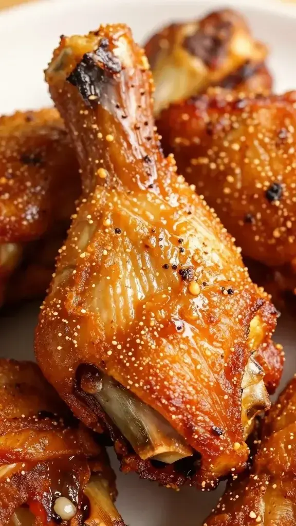 closeup of bone-in BBQ chicken thigh, crispy skin gleaming