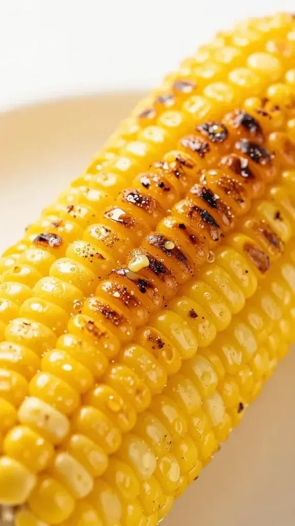 closeup of grilled corn on the cob, kernels with butter droplets
