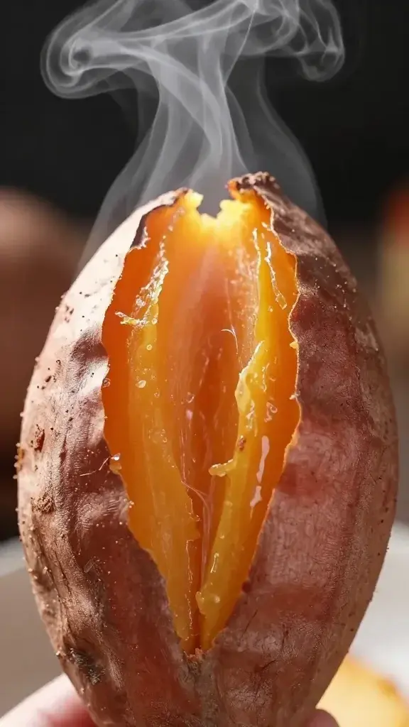 closeup of baked sweet potato, steam rising from split center