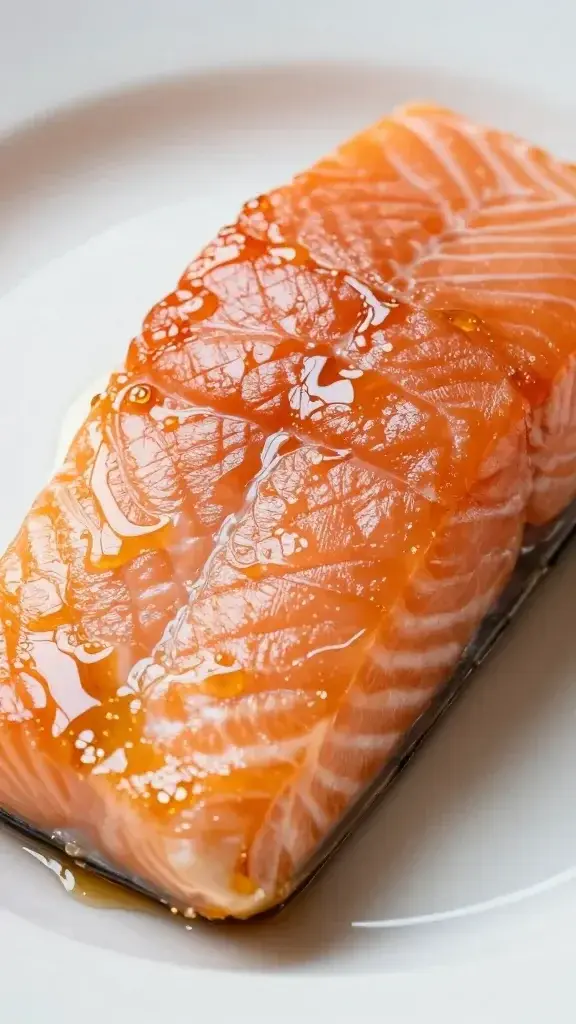 closeup salmon fillet with glossy honey glaze on plate