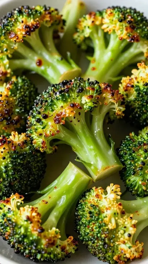 closeup roasted broccoli florets with caramelized edges