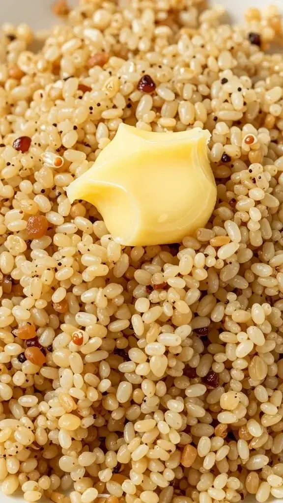 closeup garlic butter quinoa mound with visible grains and sheen