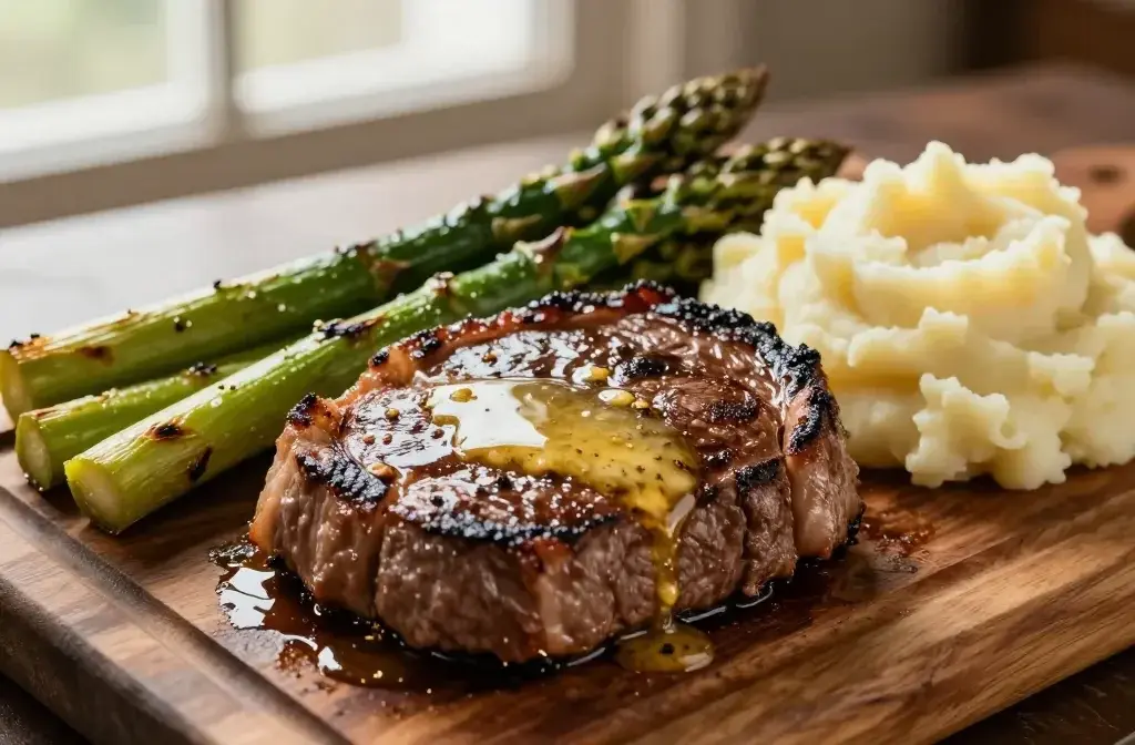 Garlic Butter Steak, Roasted Asparagus, and Creamy Mashed Potatoes Dinner: Weeknight Wow