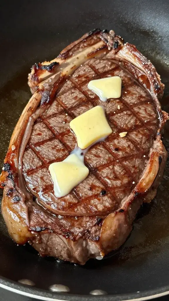 closeup ribeye steak sear marks in pan with garlic butter drizzle