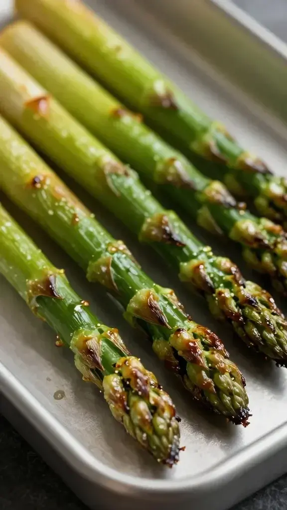 closeup roasted asparagus spear with caramelized tips on tray