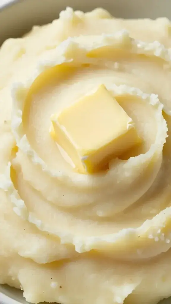closeup creamy mashed potatoes swirl with butter pat on top