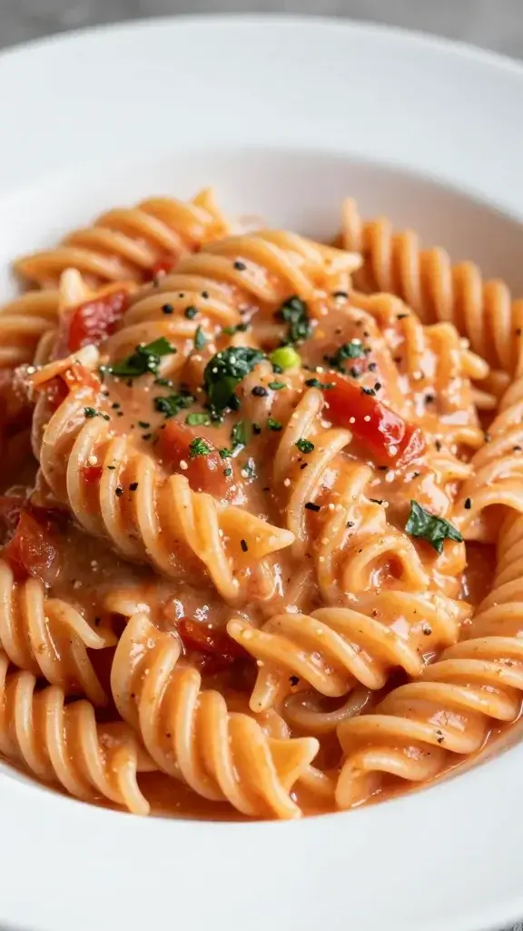 closeup of creamy tomato basil pasta swirl in a white bowl