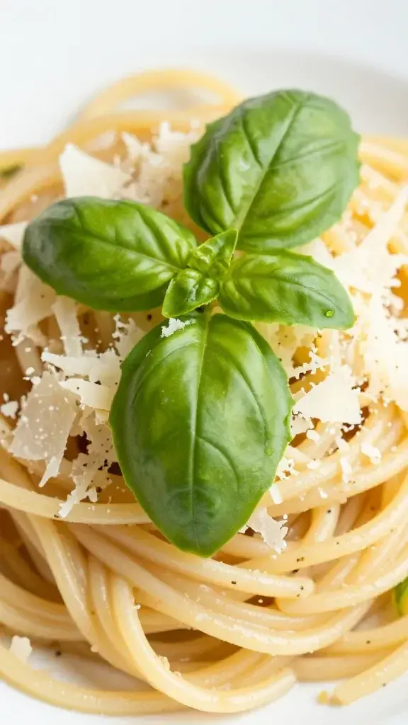 closeup of torn basil leaves atop parmesan on pasta plate