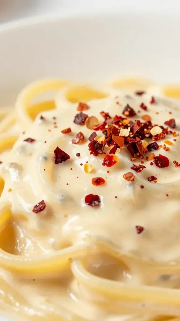side-close shot of red pepper flakes sprinkled over creamy pasta