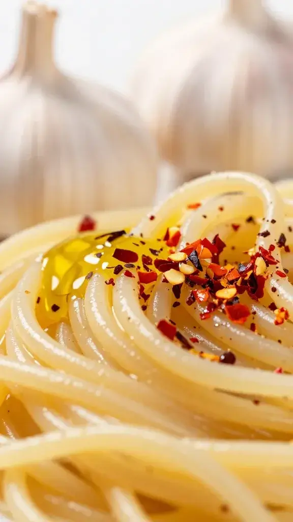 Closeup of garlic, olive oil, chili flakes on pasta