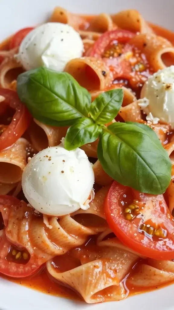 Closeup of sunlit tomato basil pasta with fresh mozzarella
