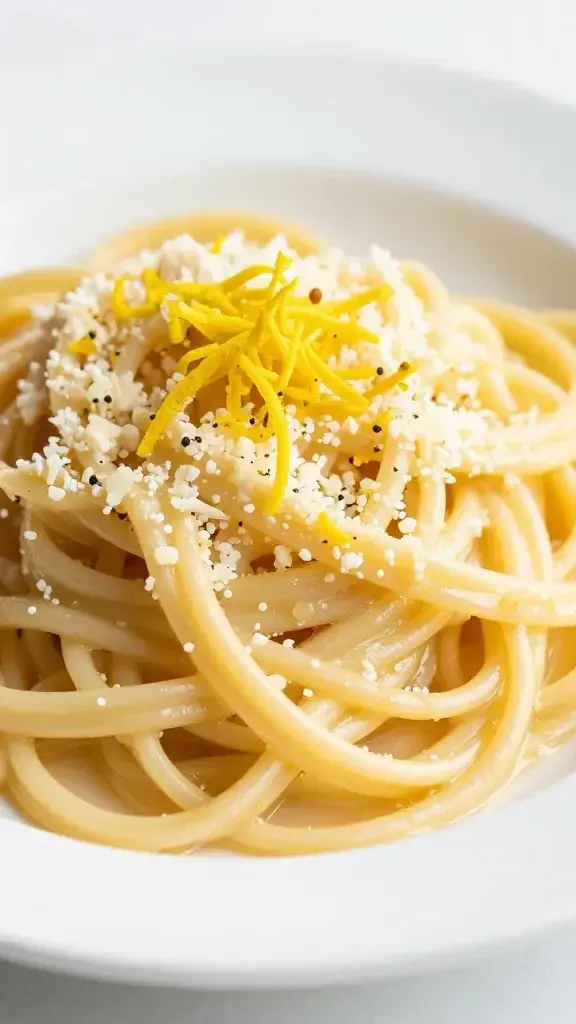Closeup of lemon zest over butter-Parmesan pasta on white plate