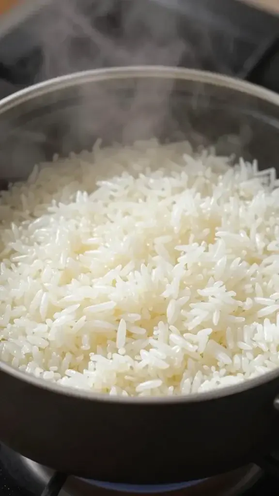 Closeup of a single pot of rice steaming on stove