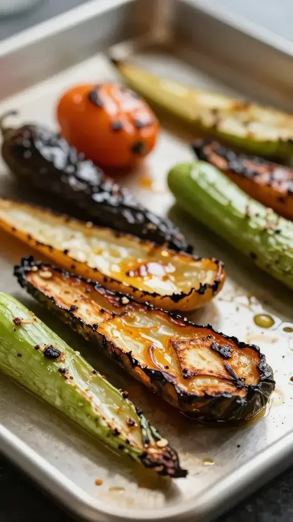 Closeup of roasted vegetables on a baking sheet, single focus