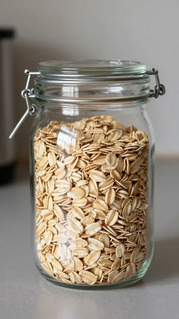 Closeup of a single jar labeled oats on a kitchen counter
