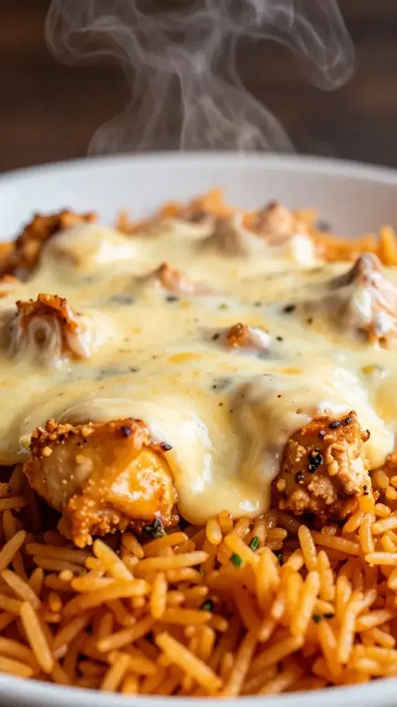 closeup of cheesy Tex-Mex chicken and rice steam rising