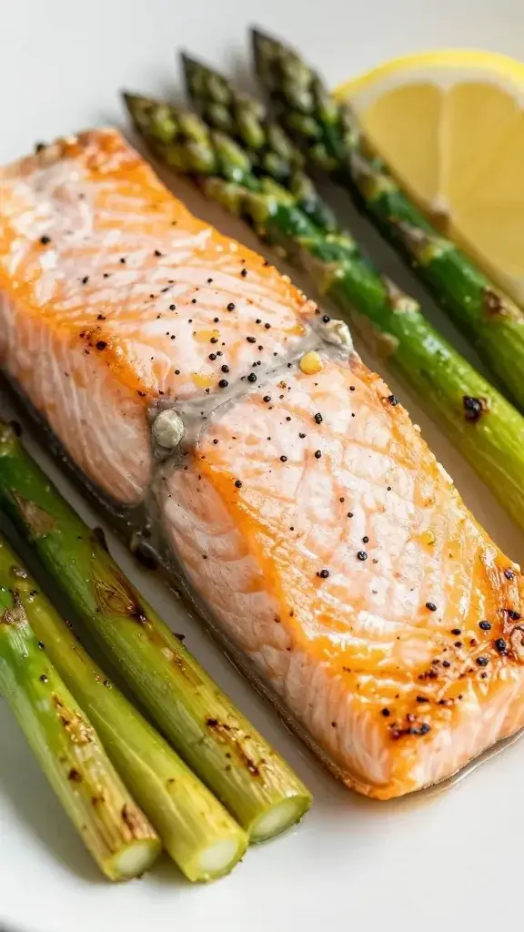 closeup of lemon garlic salmon fillet with roasted asparagus