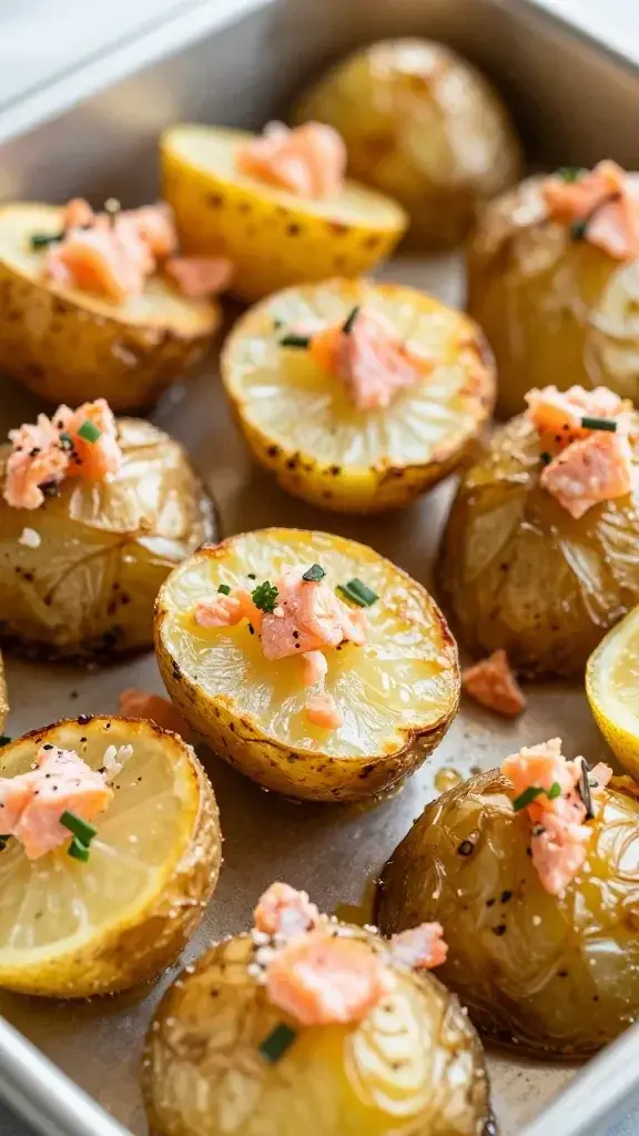 closeup of sheet-pan roasted lemon potatoes with salmon flakes on top